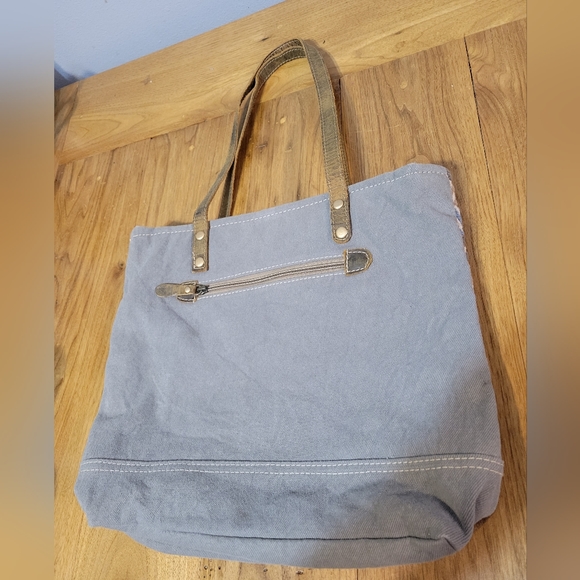 Myra Bag Tic Tac Toe Tote Bag Upcycled Tapestry, Canvas & Cowhide Leather - Picture 2 of 7